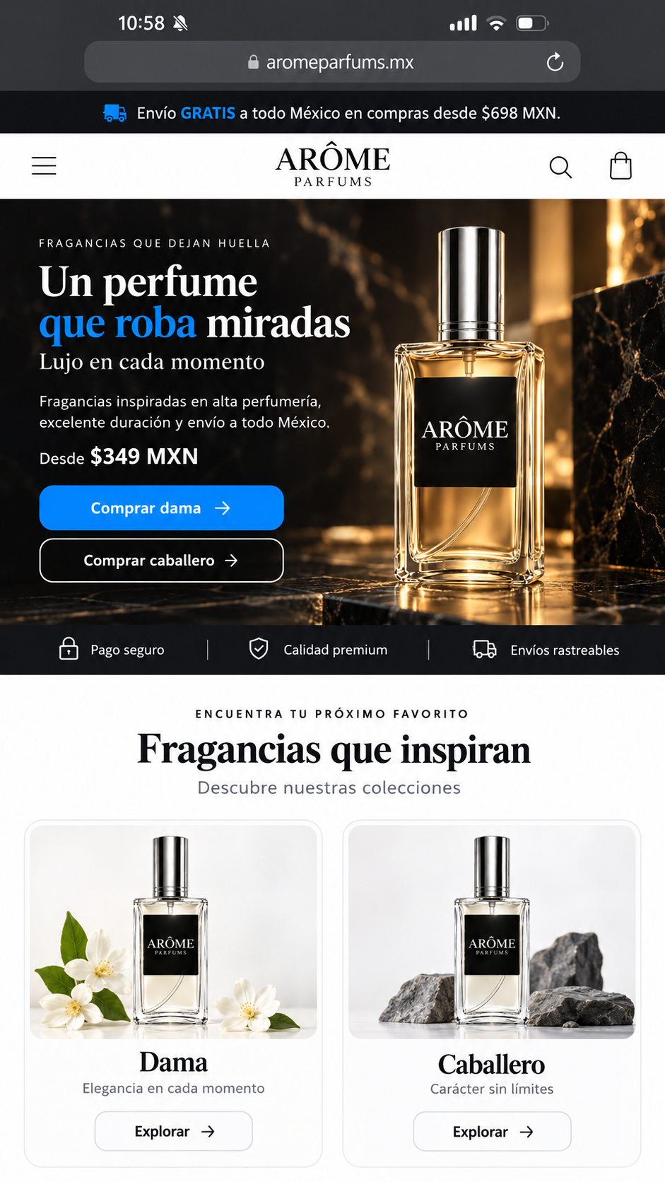 Frasco ARÔME PARFUMS con tapa cromada sobre mármol oscuro